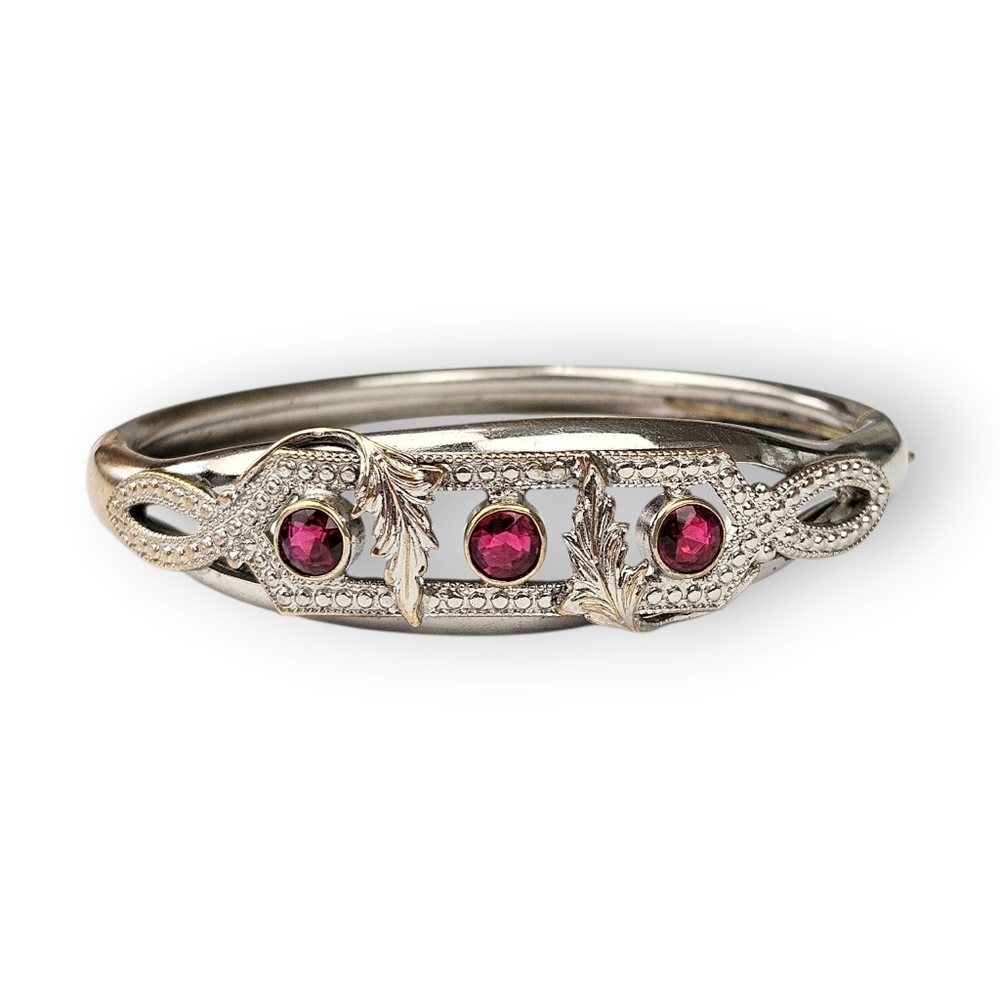 Victorian Revival Floral Cuff Bracelet Ruby Red Glass Silver Tone Vintage 7.25"